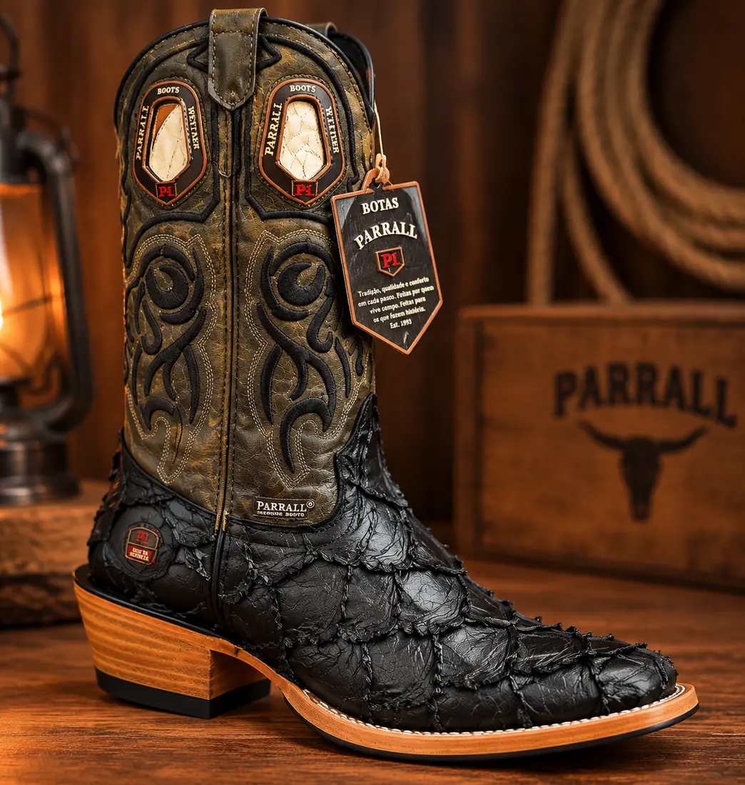 Bota Country Masculina Parrall Premium – Couro de Pirarucu Exótico Preto | Western Cowboy — miniatura 4