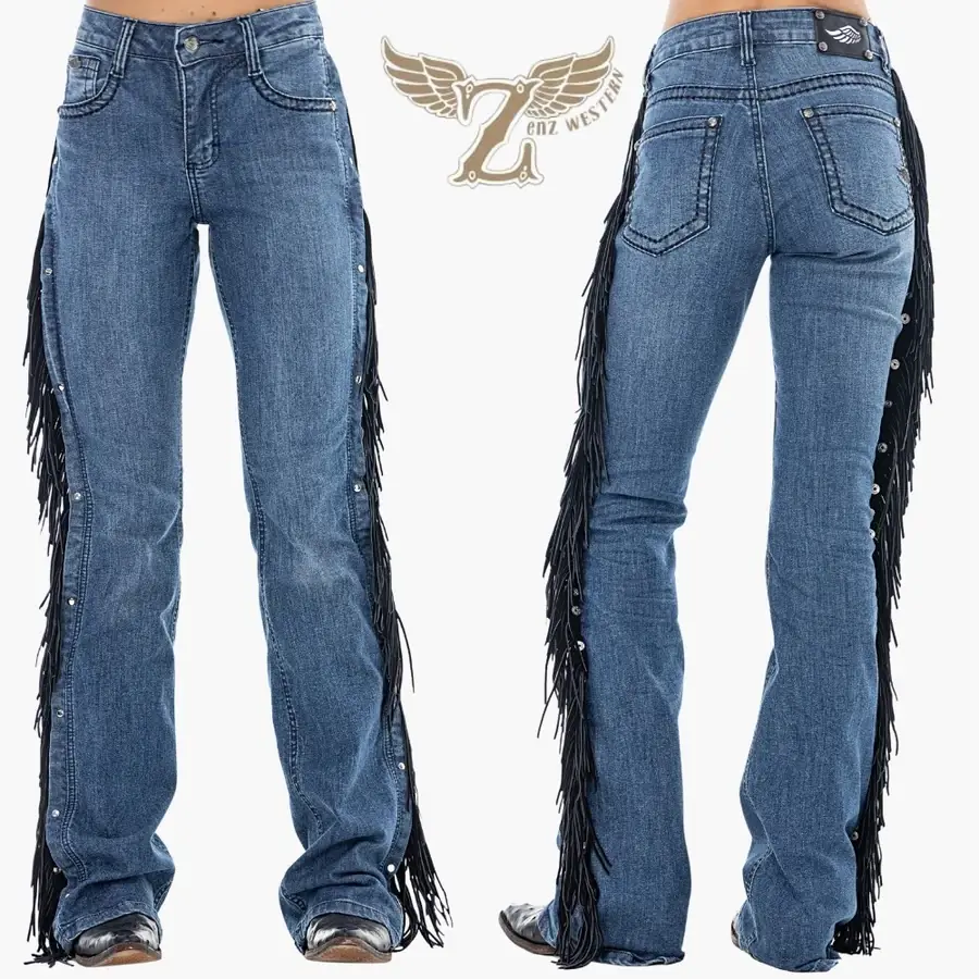 Calça Feminina Zenz Western Jeans Caballus Azul Com Franjas ...