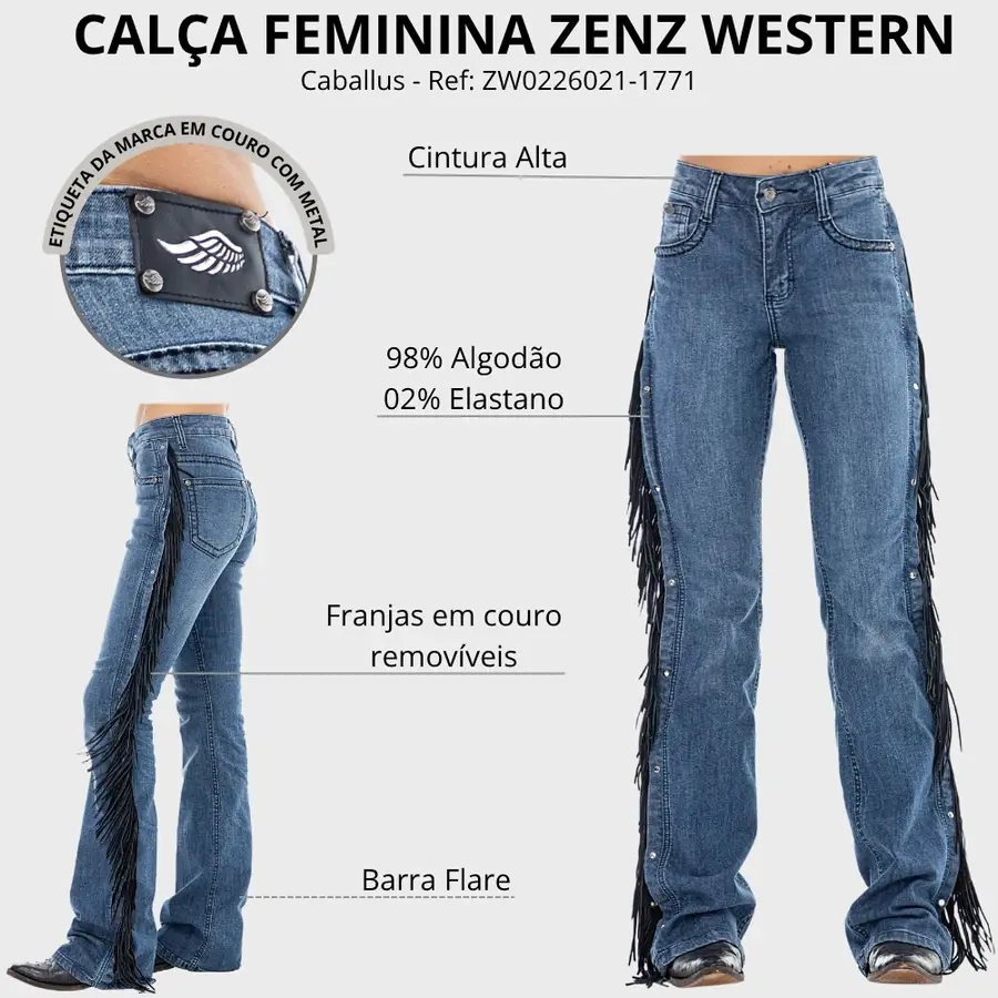Calça Feminina Zenz Western Jeans Caballus Azul Com Franjas ... — miniatura 2
