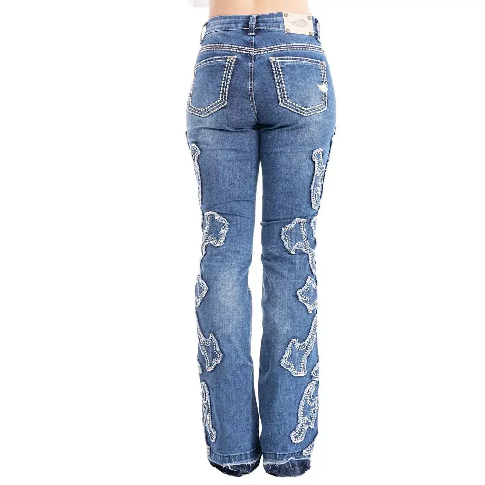 Calça Jeans Com Bordados Brilhos Barra Flare Desfiada Zenz Farm ... — miniatura 4