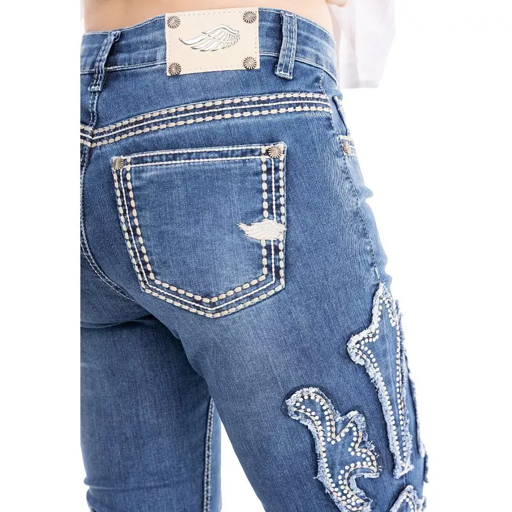 Calça Jeans Com Bordados Brilhos Barra Flare Desfiada Zenz Farm ... — miniatura 5