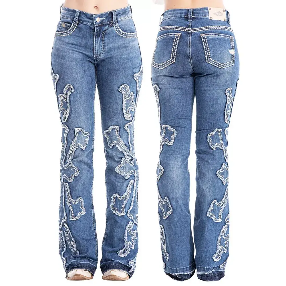 Calça Jeans Com Bordados Brilhos Barra Flare Desfiada Zenz Farm ... — miniatura 6