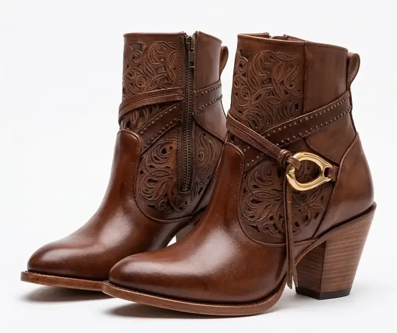 Bota Ankle Boot Feminina em Couro Marrom – Detalhes Vazados e Fivela Dourada — foto 1