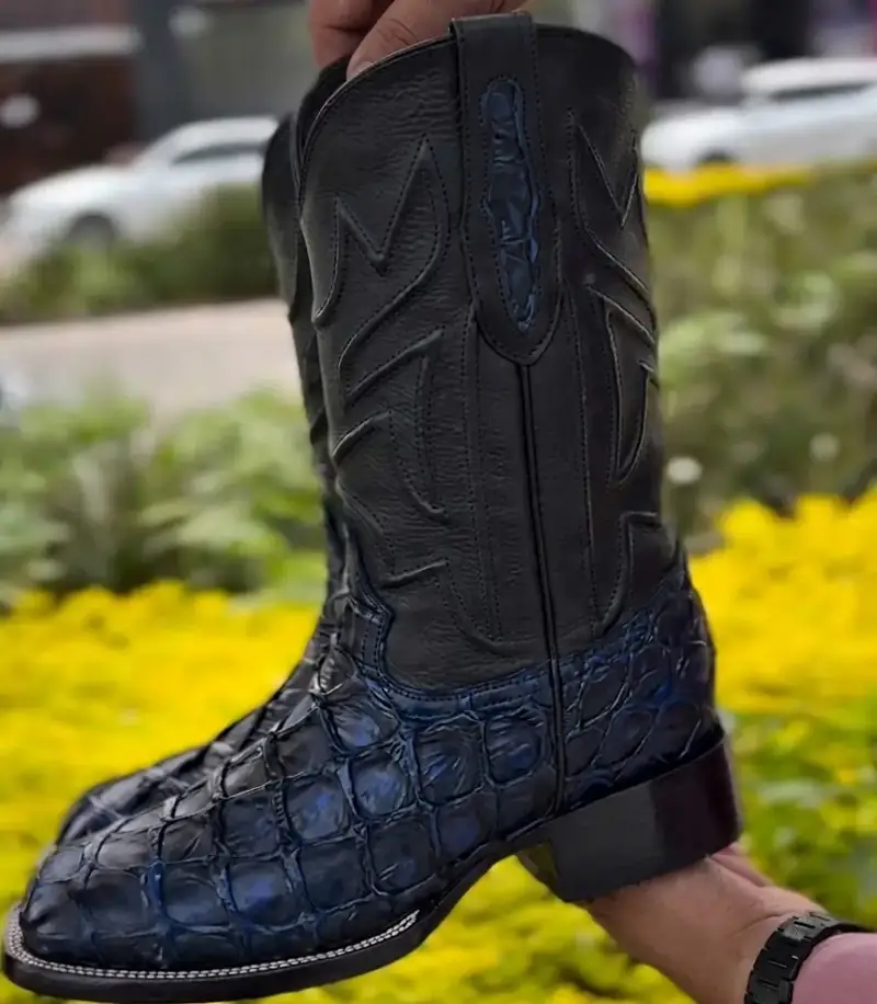 Bota Texana Masculina Exótica em Couro Legítimo de Pirarucu – Azul Marinho e Preto — foto 1
